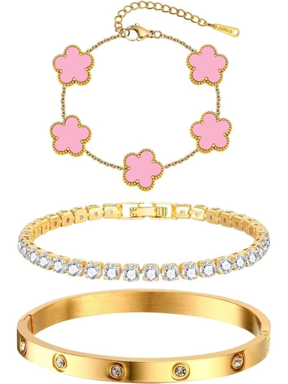 Womens Pink Stackable Floral Gold Bracelets - 3Pcs 18K Gold Plated Bracelet